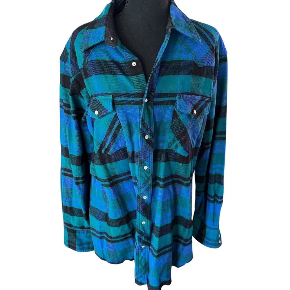Vtg Wrangler Plaid Pearl Colored Snaps Western Blue‎ Shirt XL Tall Cowboy Thick